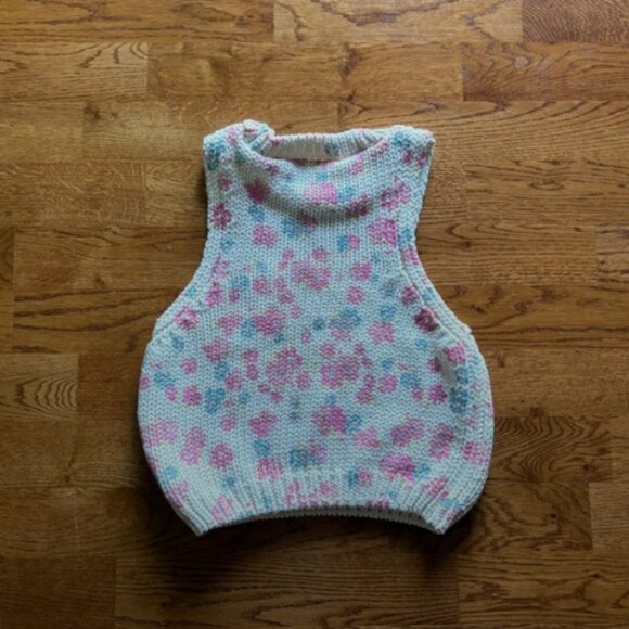 Zara Floral Knit Vest Ivory Pink Cream Blue Sweater Cropped Sleeveless S Top - Picture 3 of 4